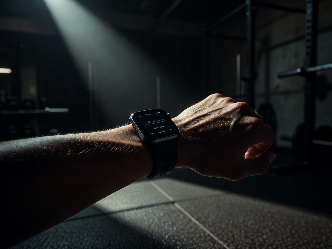 Runner's wrist wearing a smartwatch under dramatic gym lighting with deep shadows