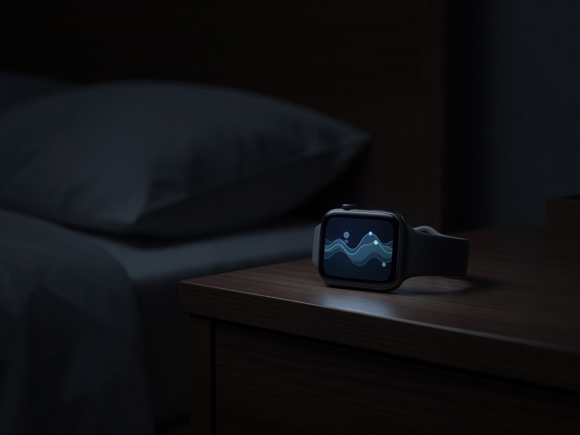 Smartwatch showing a sleep-tracking screen at night in a dark bedroom