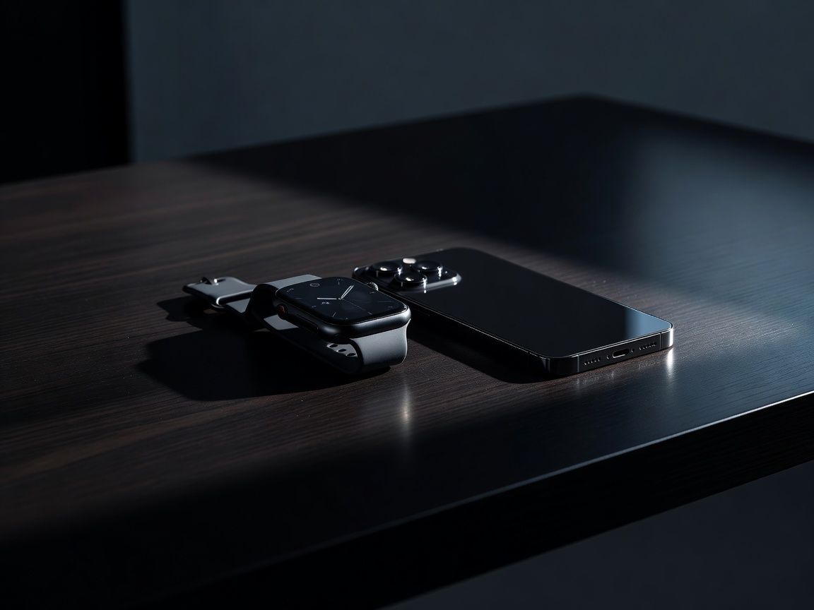 Smartwatch and smartphone side by side on a dark desk with dramatic lighting