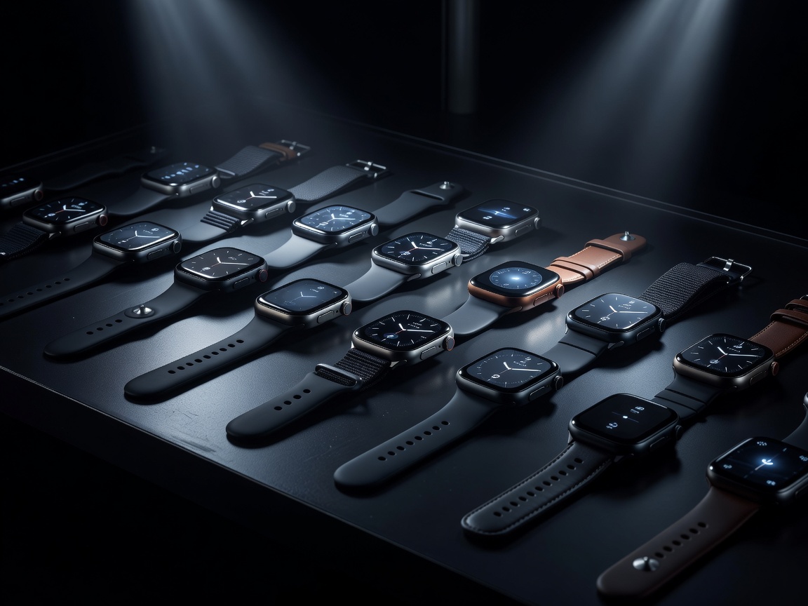 Smartwatches arranged on a dark testing bench under focused low light